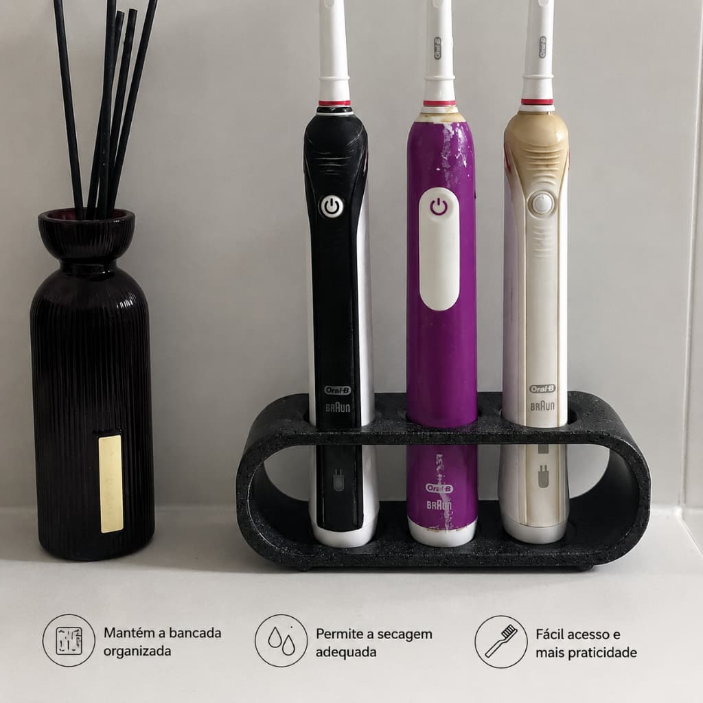Suporte Escova de Dentes Elétrica Oral-B x3 Porta Escovas Banheiro Preto Branco
