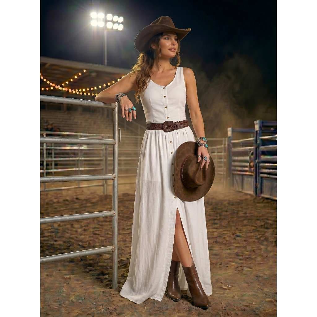 Vestido Longo Estilo Country Casual Western Feminino Com Botões Frente Ideal Para Festa De Barretos Rodeios E Shows
