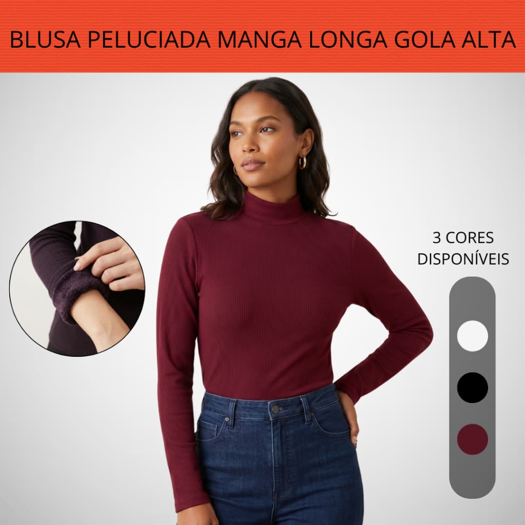 Blusa Gola Alta Manga Longa Peluciada Canelada Ribana Feminina Frio Elegante Casual
