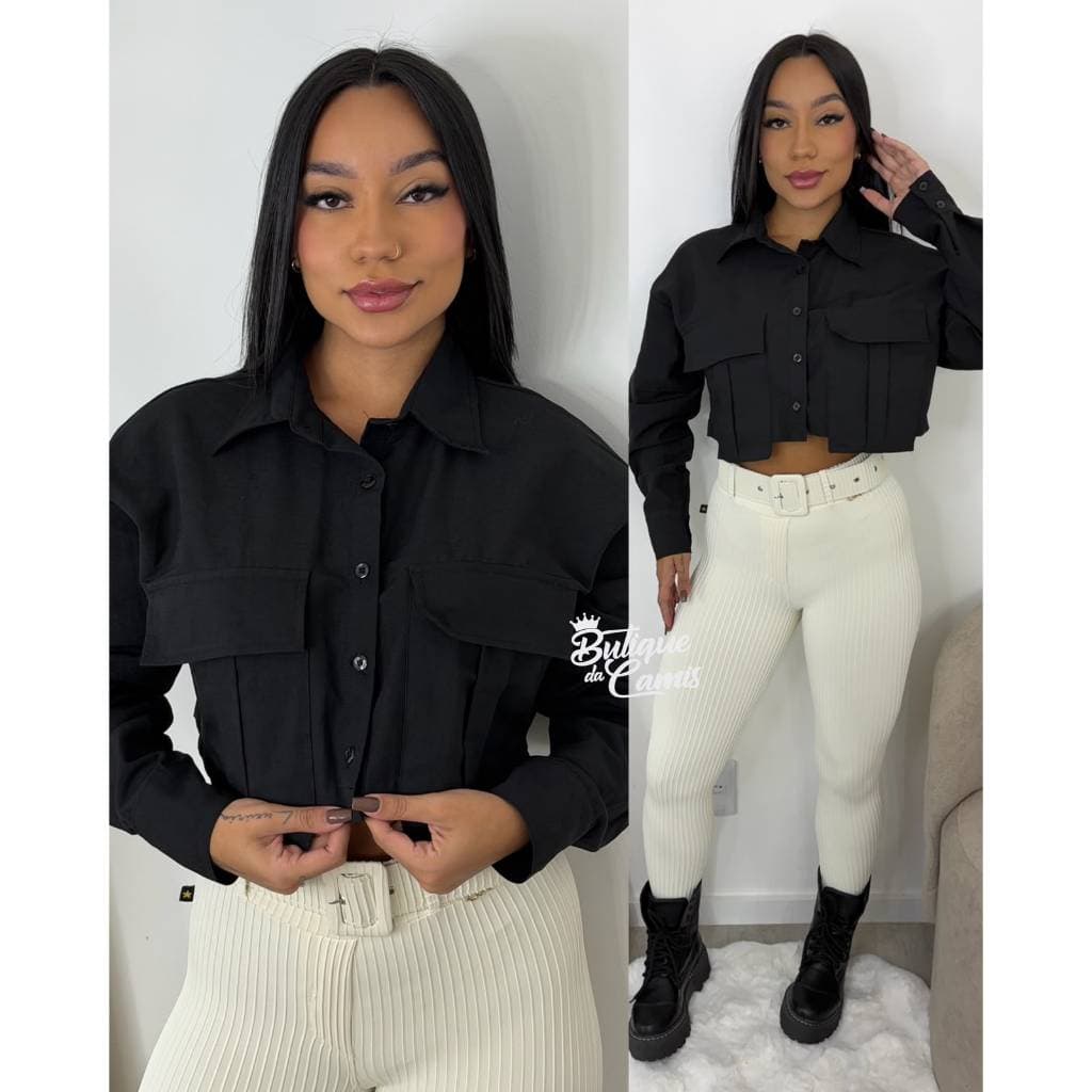Camisa Polo Feminina Cropped Cargo Manga Longa em Linho