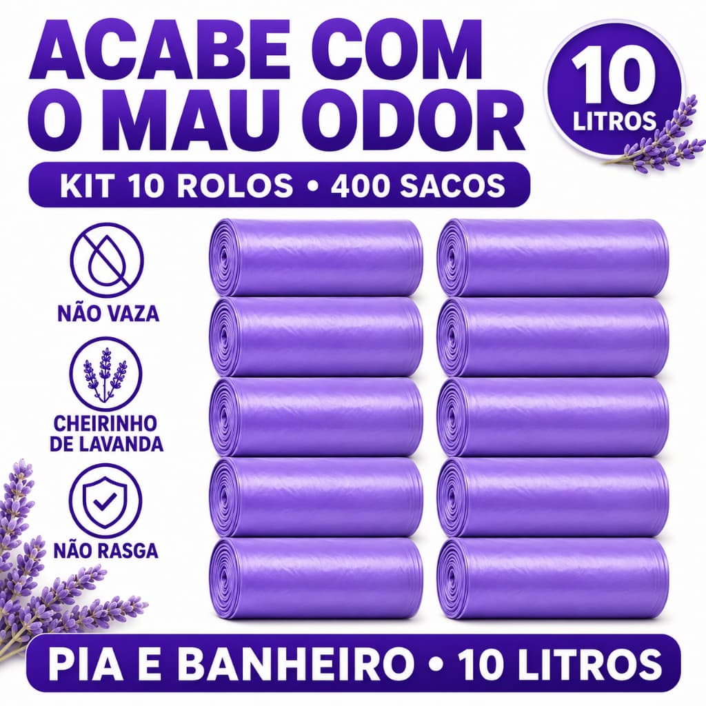Kit 400 Sacos de Lixo 10L Lavanda Perfumado Para Pia Banheiro Cozinha