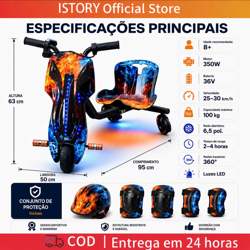 Triciclo Drift Elétrico Infantil 350W 8 Pol LED Bluetooth 3 Velocidades Com Kit Proteção