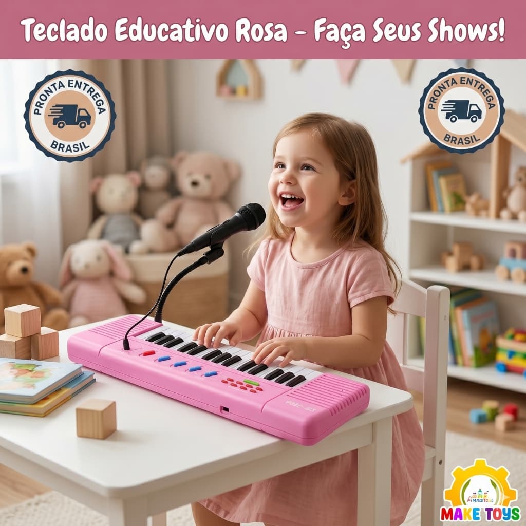 Teclado Piano Infantil Com Microfone Brinquedo Educativo Musical Rosa Menina Bebe
