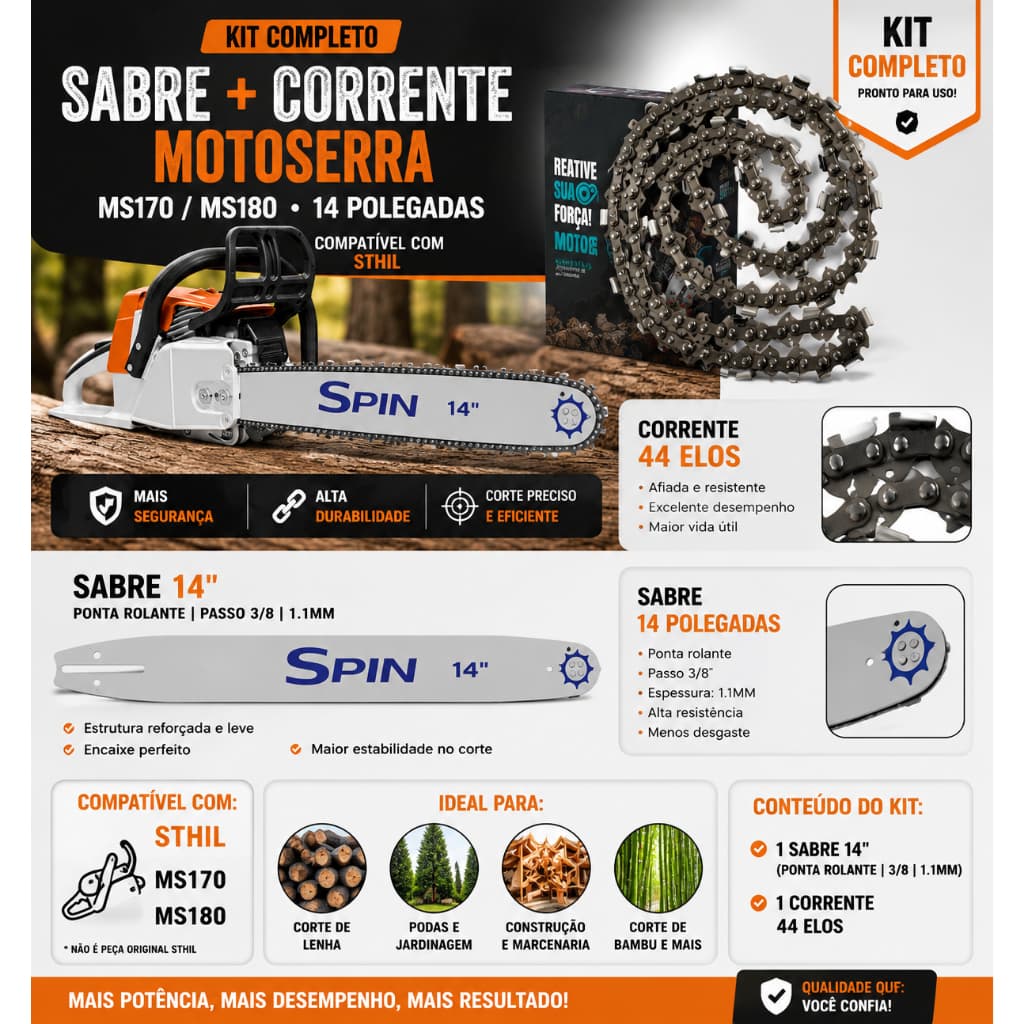 Kit Sabre + Corrente Motosserra MS170 MS180 44 ELos Compatível Sthil 14 polegadas
