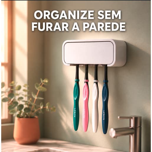 Porta Escovas de Dente Parede – Fixação Sem Furo – Suporte Para 4 Escovas + Fita Dupla Face Forte