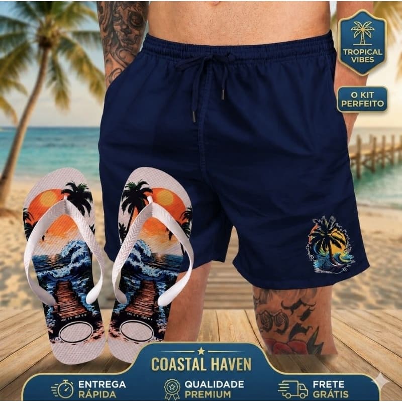 Kit Chinelo +Short Bermuda Tectel Masculino Moda Praia