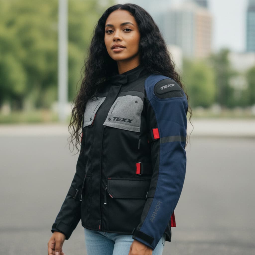 Jaqueta Motociclista Texx Armor Lady Feminina Preto Azul Vermelho Cinza Impermeável Proteção Conforto Moto Touring