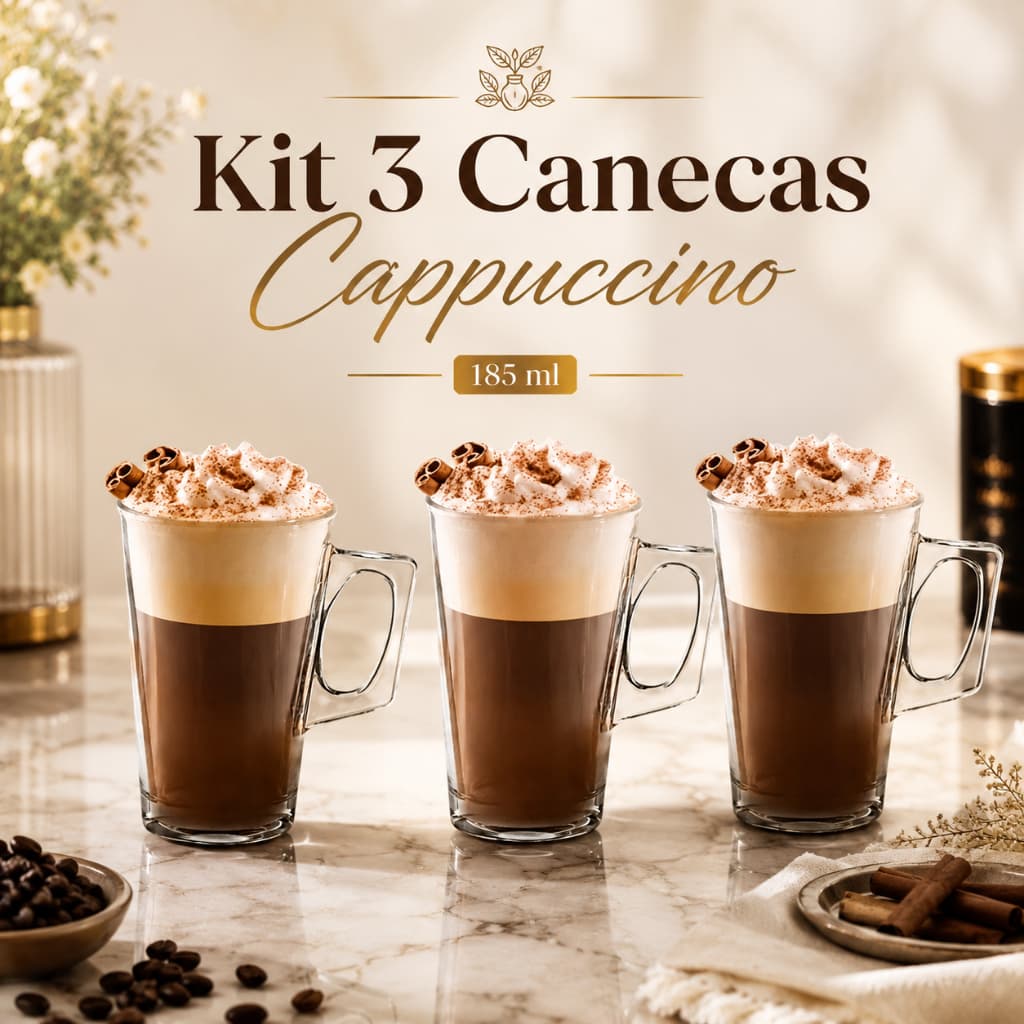 Jogo de 3 Xícaras Canecas de Vidro 250 ml com Alça – Ideal para Café, Cappuccino e Latte