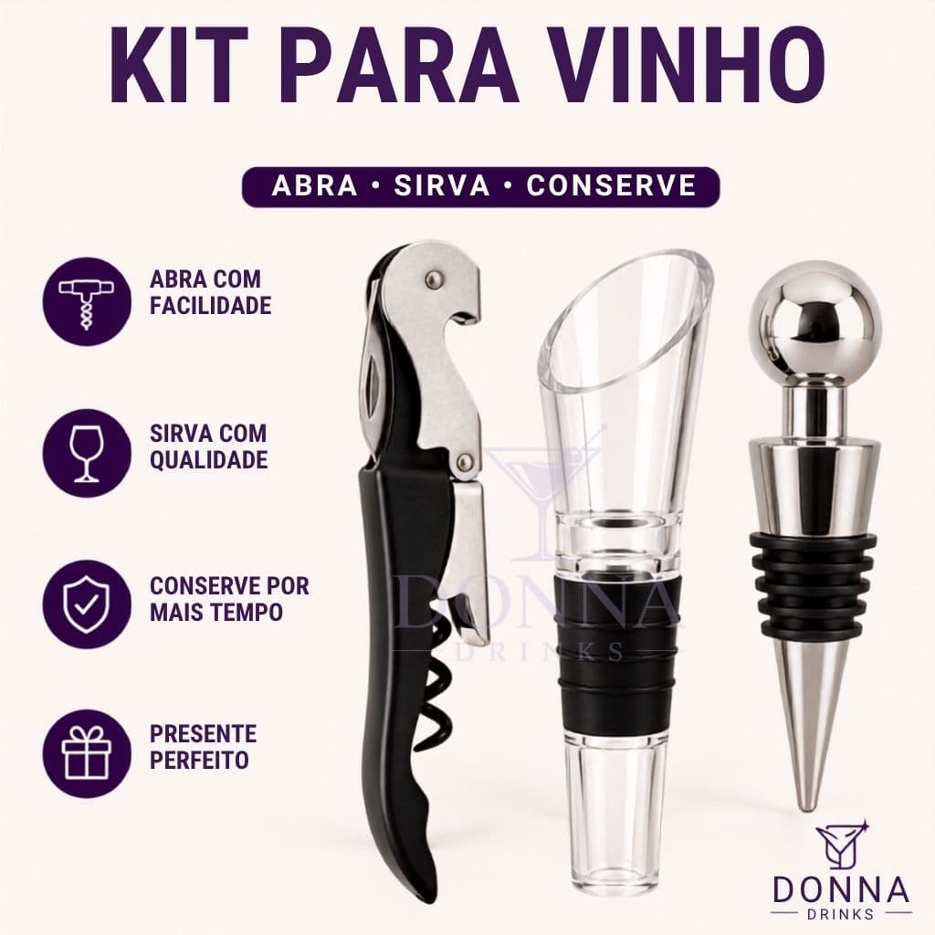 Kit Vinho 3 Peças Com Saca Rolha Aerador e Tampa Rolha Vedadora Para Casa Bar Adega
