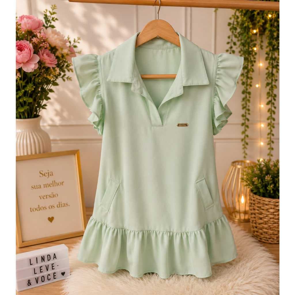 vestido infantil, vestido infantil casual, vestido infantil confortável manga babado, vestido infantil gola polo bolso.