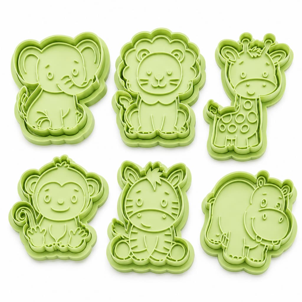 Kit 6 Cortadores de Biscoito Safari com puxador, Cortador para Bolo Cookies Massinhas Molde Animais