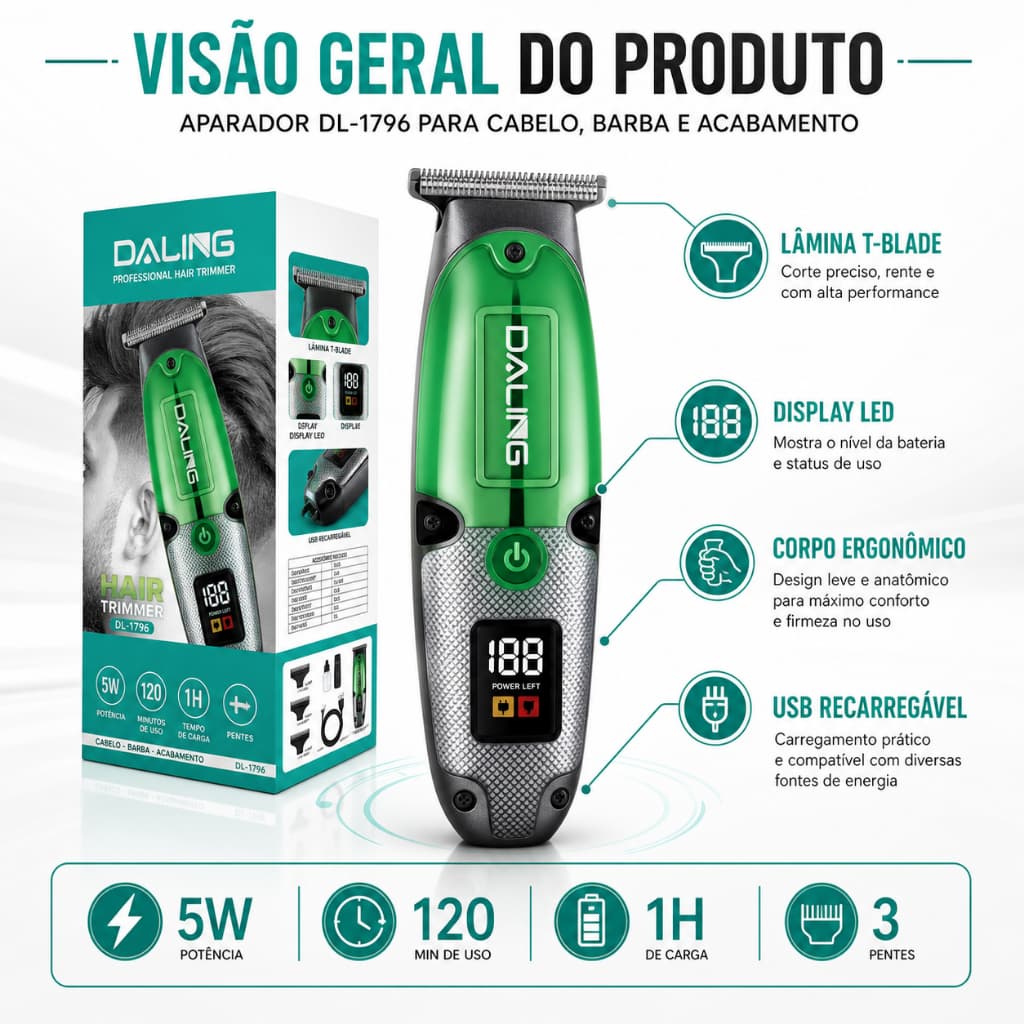 Máquina de Corte Profissional Daling DL-1796 Aparador Para Barba e Cabelo