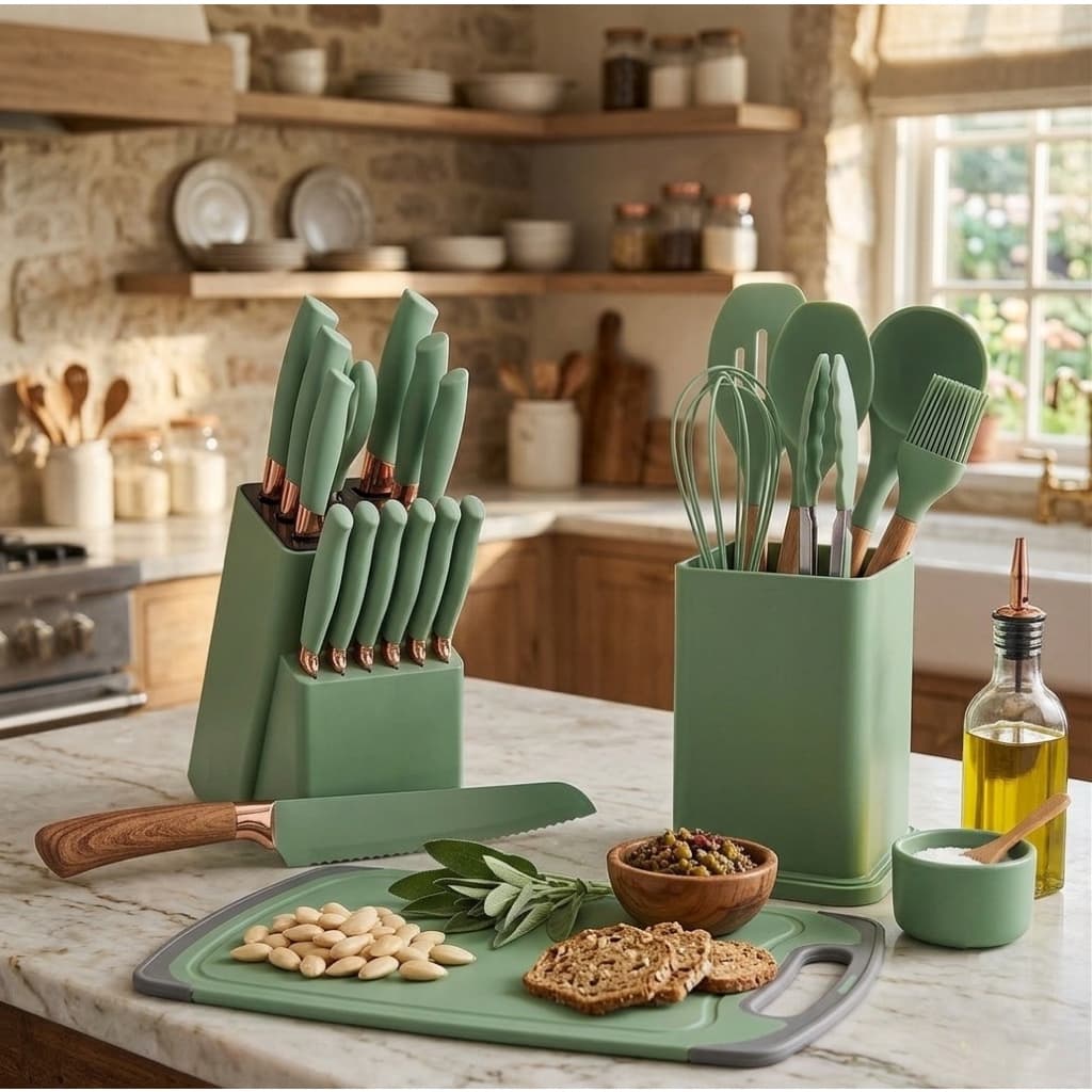 Kit de Utensílios de Cozinha em Silicone 19 Peças Verde com Faca e Tábua de Corte