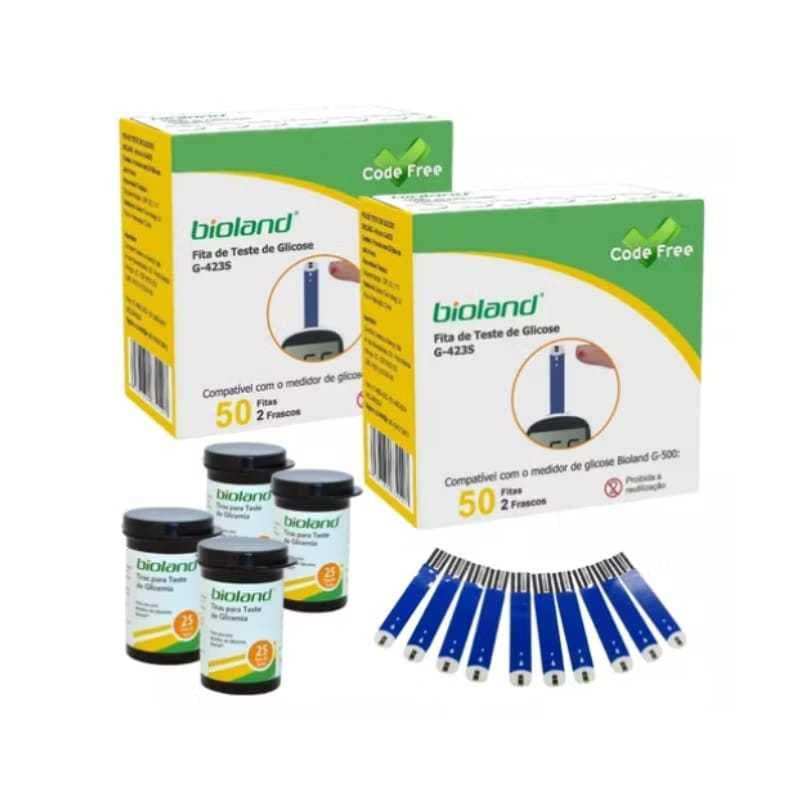 Kit 2 Caixas (100 un) Fitas de Glicose para Glicosímetro Modelo G-500 / G-425-3 / G-500 Bioland