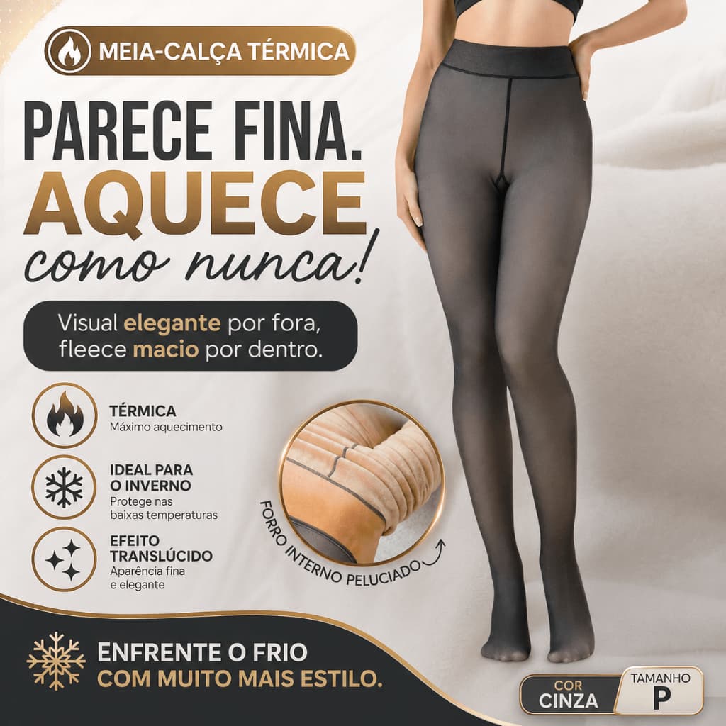 Meia Calça Térmica Peluciada 85g Falsa Translúcida Feminina Fleece Inverno Cinza P Cintura Alta