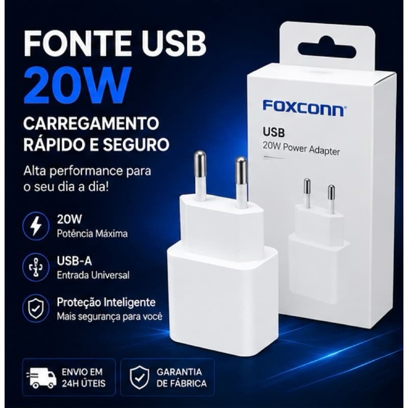 Fonte USB 20W Foxconn Turbo Bivolt Carregador Universal para Celulares e Tablets turbo carregamento rápido