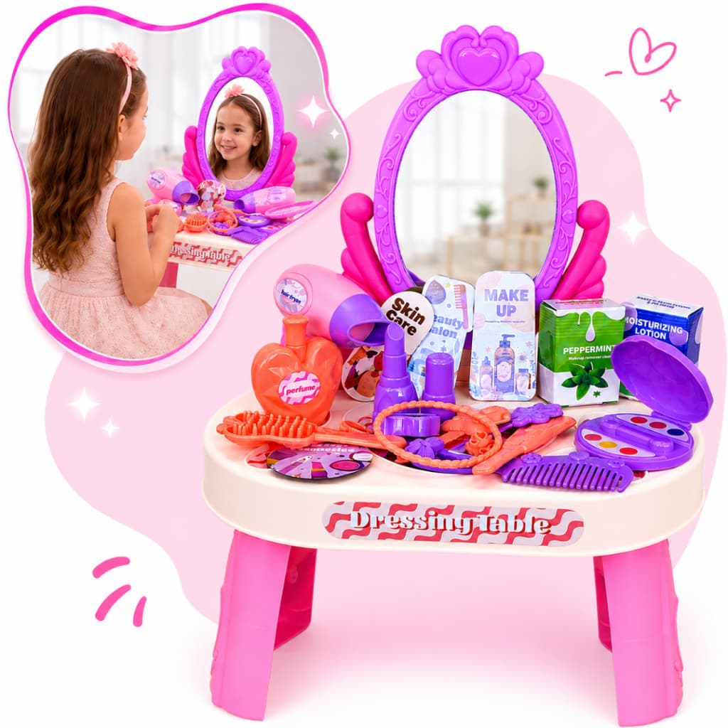 Penteadeira Infantil Com Espelho Maquiagem faz de conta Salão de Beleza Acessórios Brinquedo Meninas