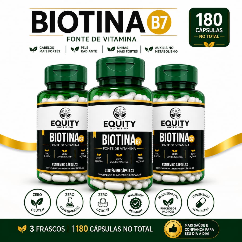 Biotina B7 45mcg Equity Nutrition 180 Cápsulas Com Colágeno Hidrolisado Zero Açúcar