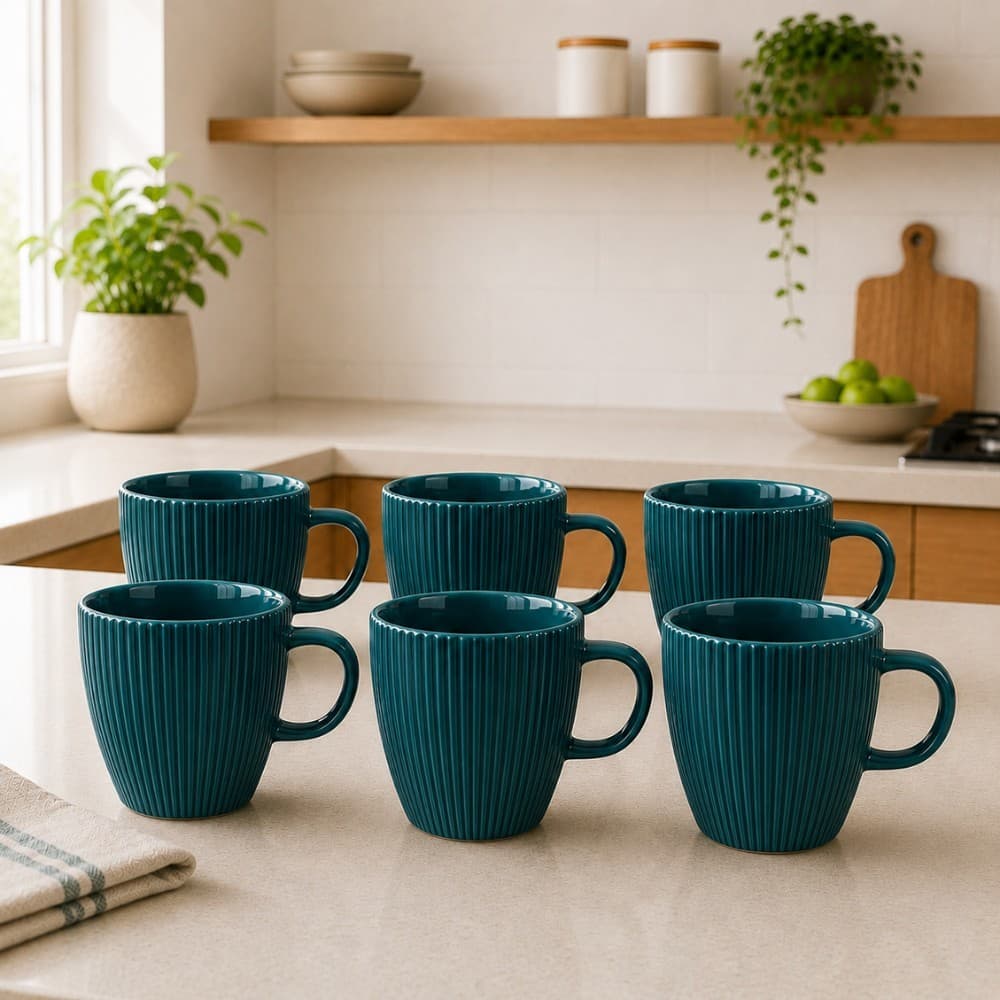 Kit 12 Caneca Canelada Porcelana Azul Petróleo 250 ml Para Café Chá Leite Cappuccino Mesa Posta Cozinha Restaurante