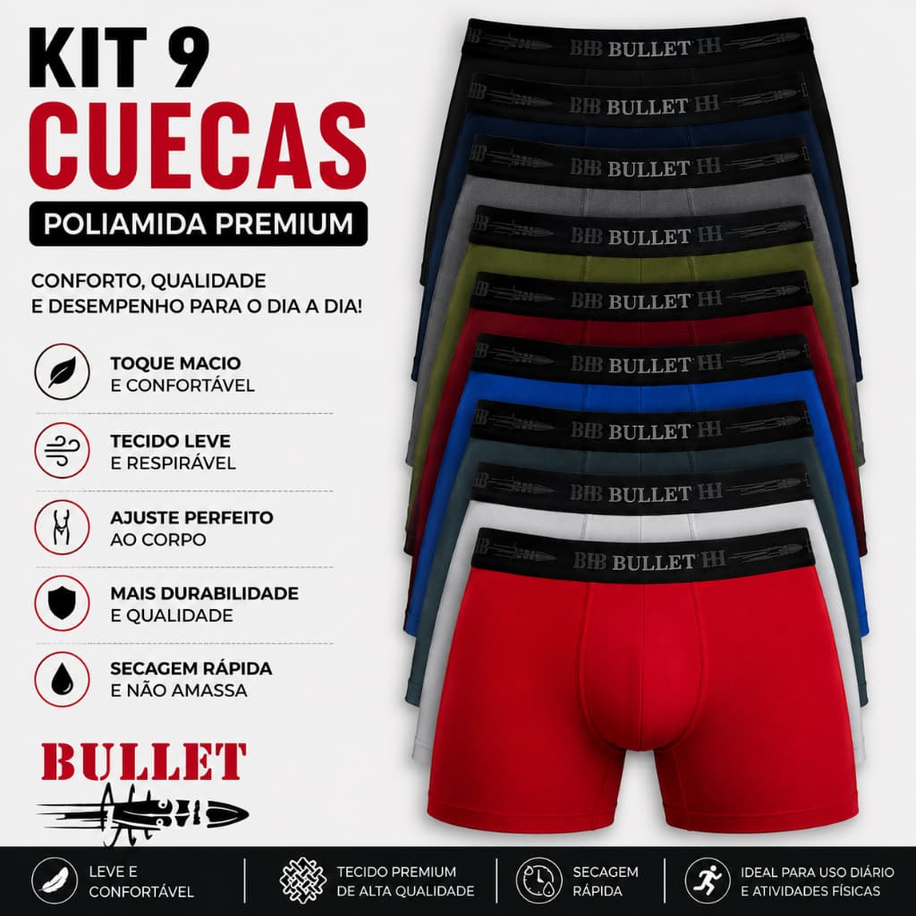 Kit 9 Cuecas Boxer Poliamida Premium – Mais conforto, qualidade e economia para o seu dia a dia.