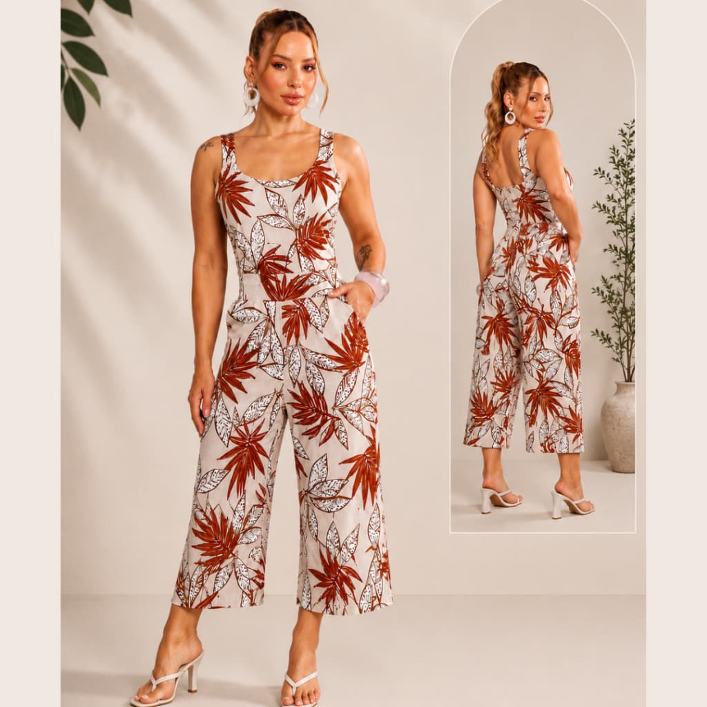 Macacão Feminino Pantacourt Estampado Em Crepe Elegance com Bolso Alça Larga Casual Elegante