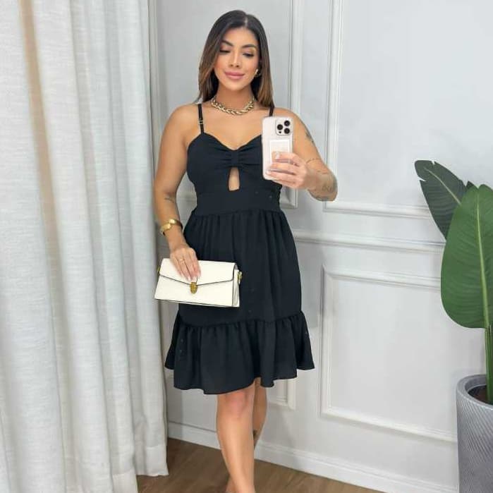 Vestido Feminino Curto Rodado Bojo, Alcinha Regulável, Elastex, Babado, Decote Franzido, Acinturado