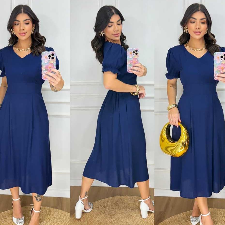 Vestido Midi Feminino Liso Elegante – Manga Princesa, Decote V, Casual e Confortável