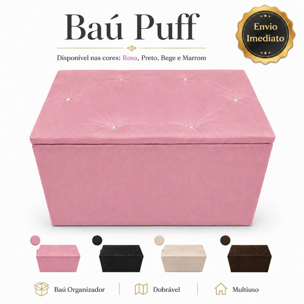 Bau Puff Organizador Dobravel Multiuso Banqueta Varias Cores Rosa Preto Bege Marrom Envio Imediato