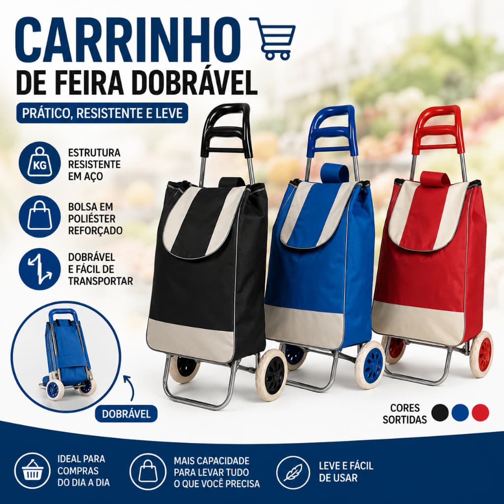 Carrinho De Compras Feira Supermercado Reforçado Dobrável Sacola Bolsa Suporta 30kg