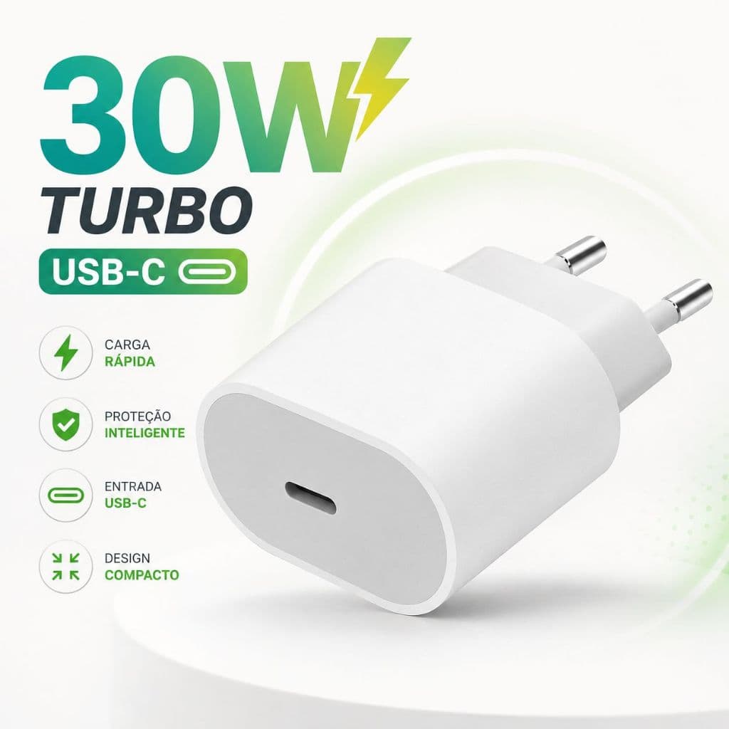 Fonte Turbo 30W Samsung Motorola iPhone 11 ao 16 Carregador USB-C Anatel Tipo-C Rápido