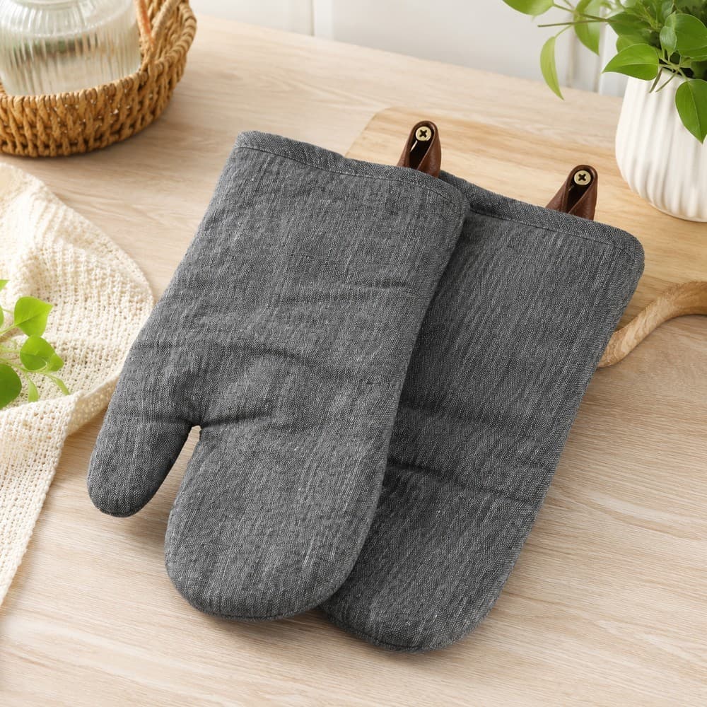 Kit 2 Luvas Térmicas de Cozinha para Forno em Tecido Acolchoado Cinza com Alça para Pendurar