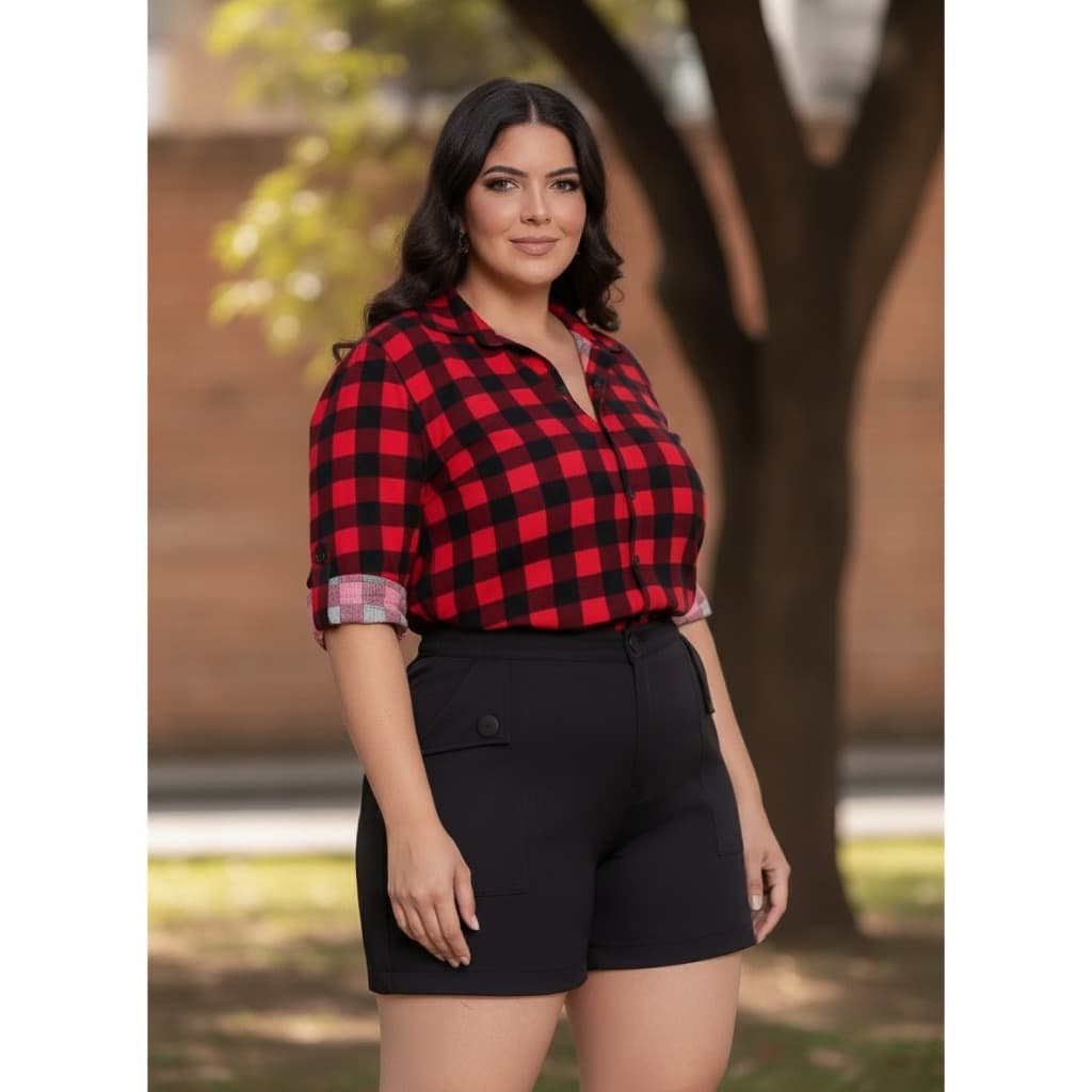 Camisa Xadrez Plus Size Alfaiataria Viscose Manga Longa Com Botões Branco Vermelho e Verde