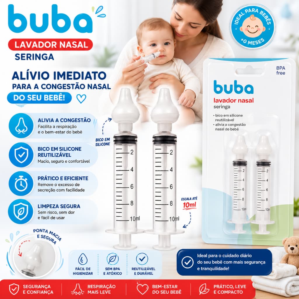 Kit 2 Lavador Nasal Buba Seringa Com Ponta em Silicone Lavagem e Higienização Livre de BPA