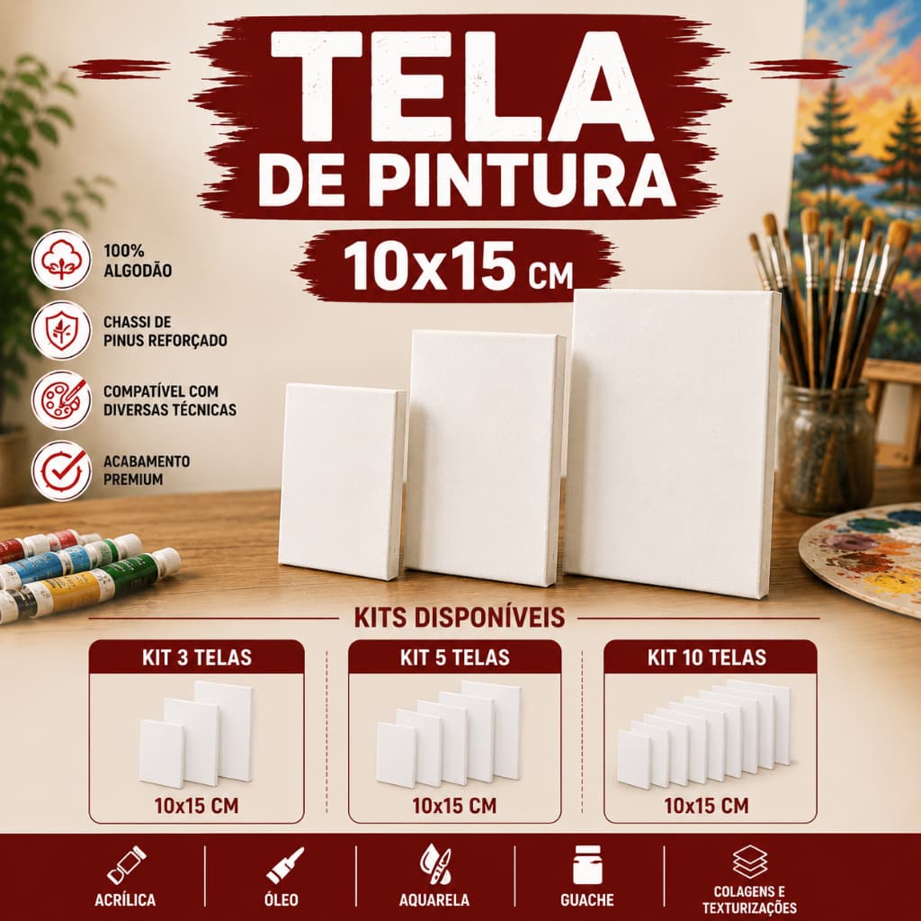 Kit com Telas De Pintura 10x15 Algodão Alta Qualidade P/ Guache Óleo Acrílica Artesanato Kit com 3/5/10 Telas