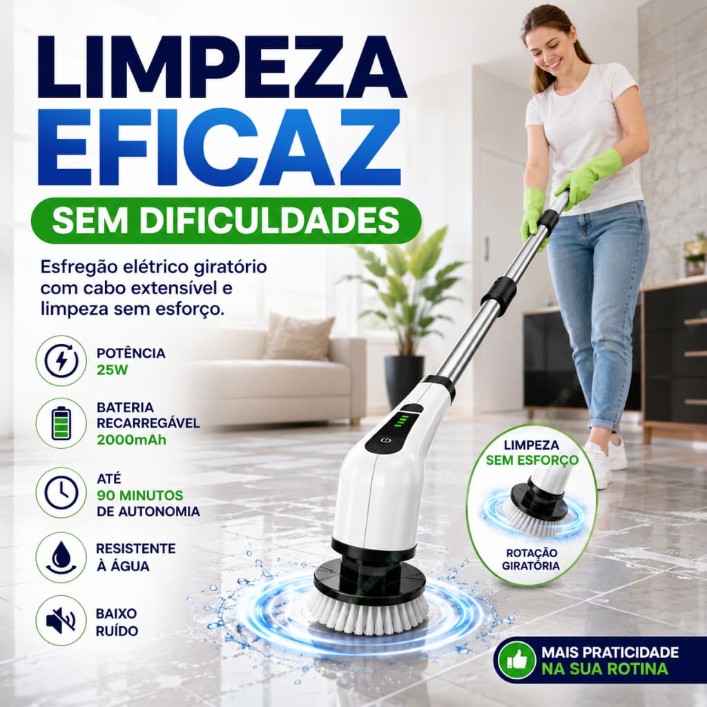 Escova Esfregão Elétrico Rotativo Multiuso 9 em 1 Cabo Extensível Escova Limpeza Recarregável USB