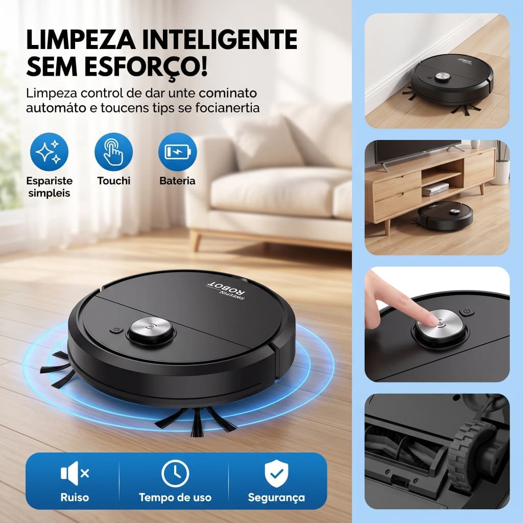 Hugo Robô Aspirador Inteligente 3 em 1 com Varredura Automática – Silencioso para Limpeza de Pisos em Casa