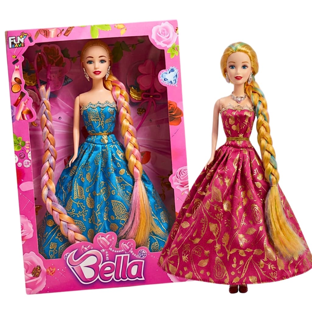 Boneca Princesa Bela Cabelo Trança + Trança P/ Criança Brincar Usar Vestido Princesa Caixa Presente