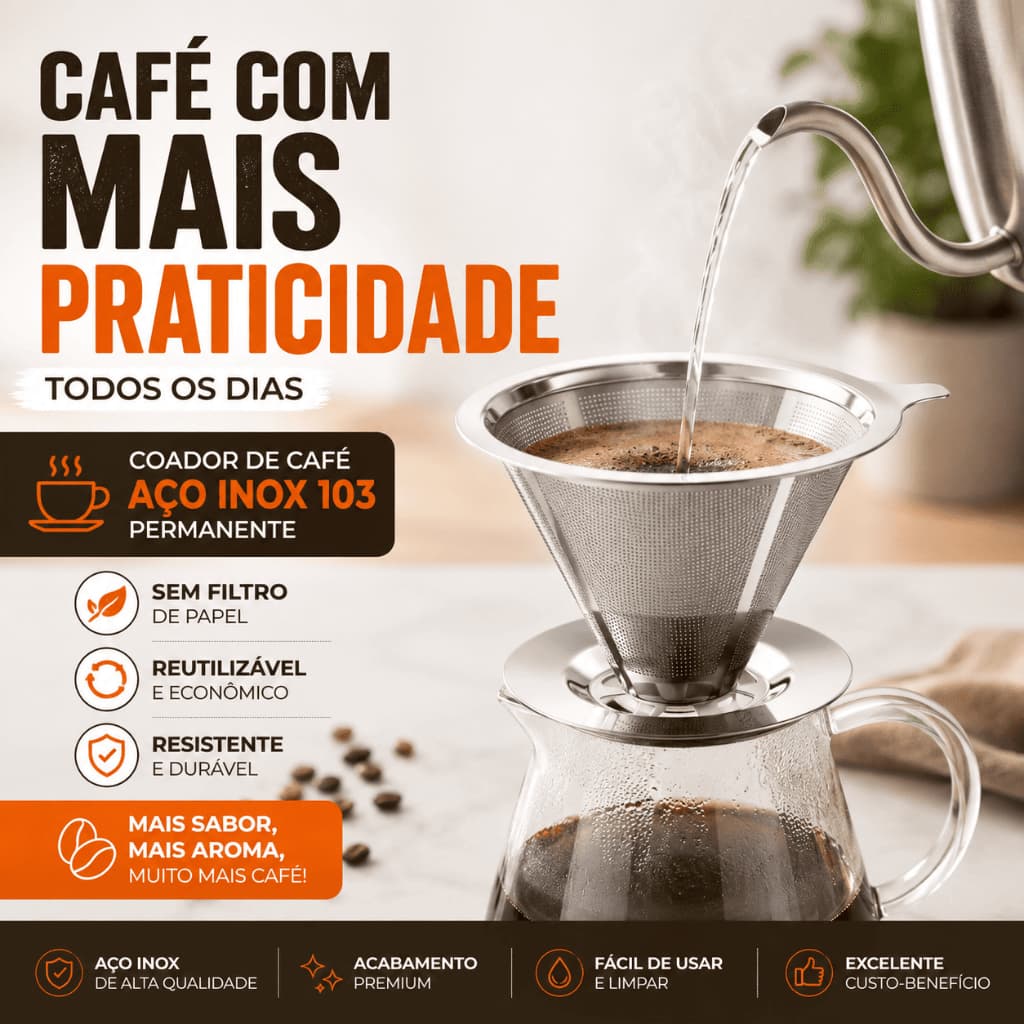 Coador de Café Inox 103 Permanente Filtro Reutilizável Aço Inox Lavável Original Premium