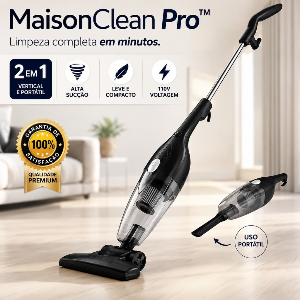 Aspirador de Pó Vertical 2 em 1 Portátil 110V Alta Sucção Casa Carro Sofá Tapete MaisonClean Pro