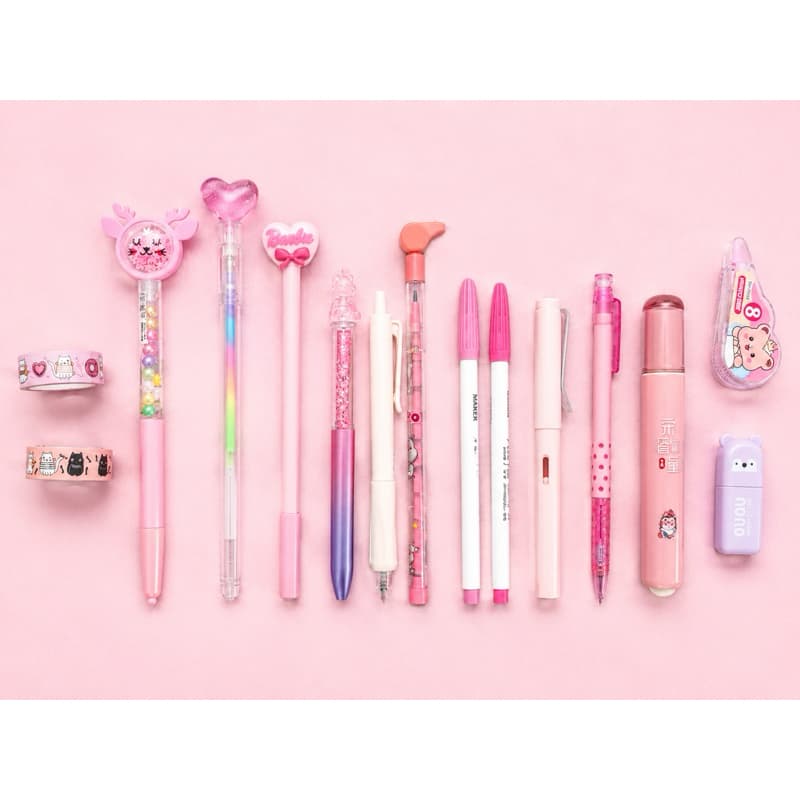 Kit Papelaria Rosa Completo com 15 Itens Fofos | Canetas, Marca-Texto, Washi Tape, Corretivo e Acessórios