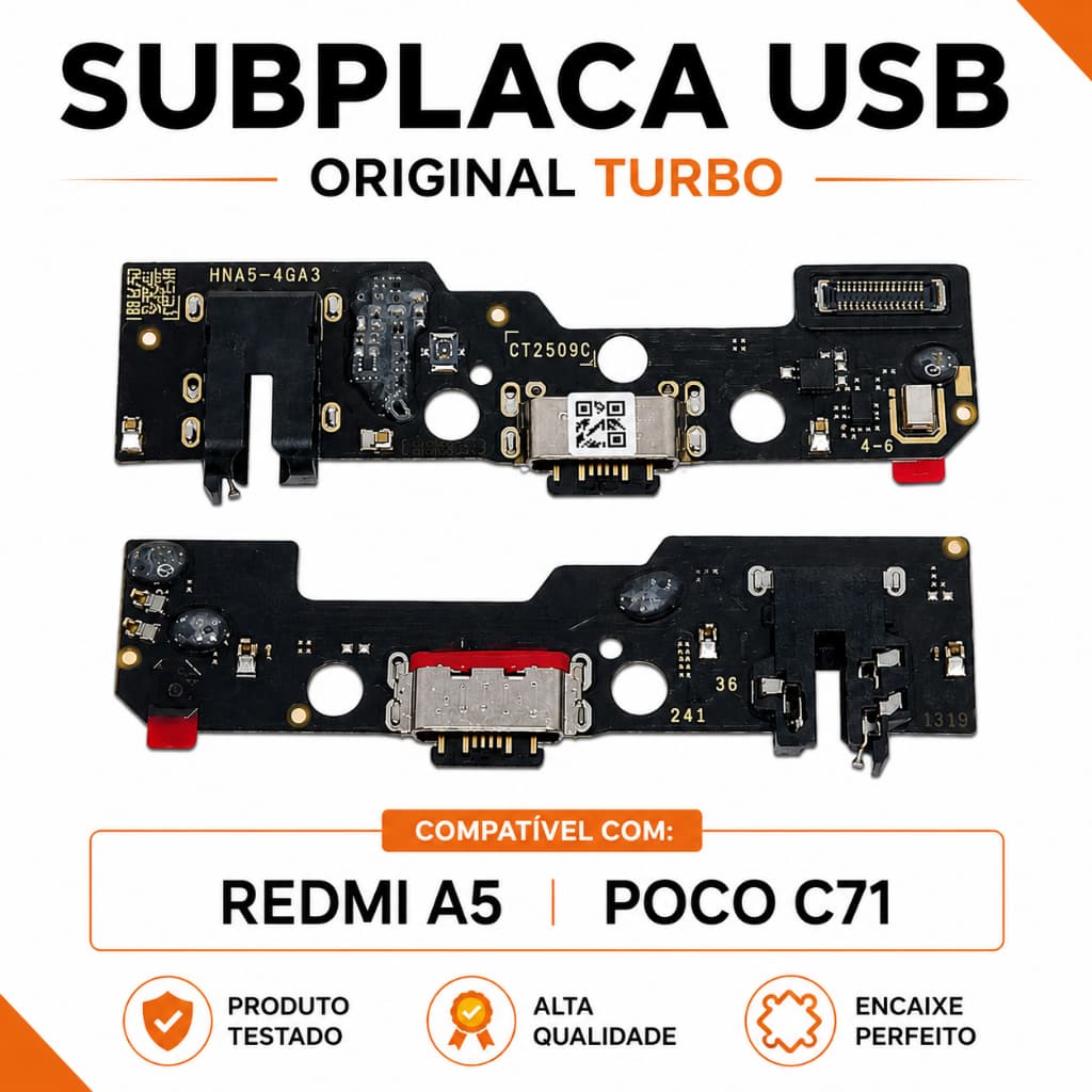 Placa Redmi A5 / Poco C71 Conector USB Tipo C Dock de Carga Original Turbo Peça de Reposição Premium