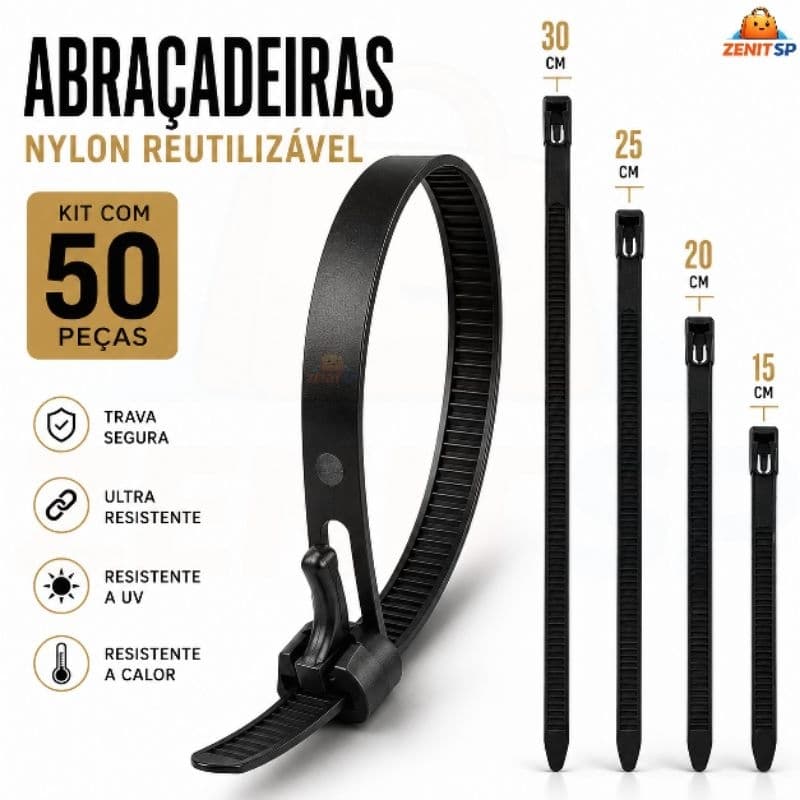 Kit Abraçadeira de Nylon Reutilizável 50, 100, e 200 Reforçado Enforca Gato Profissional 7,6mm