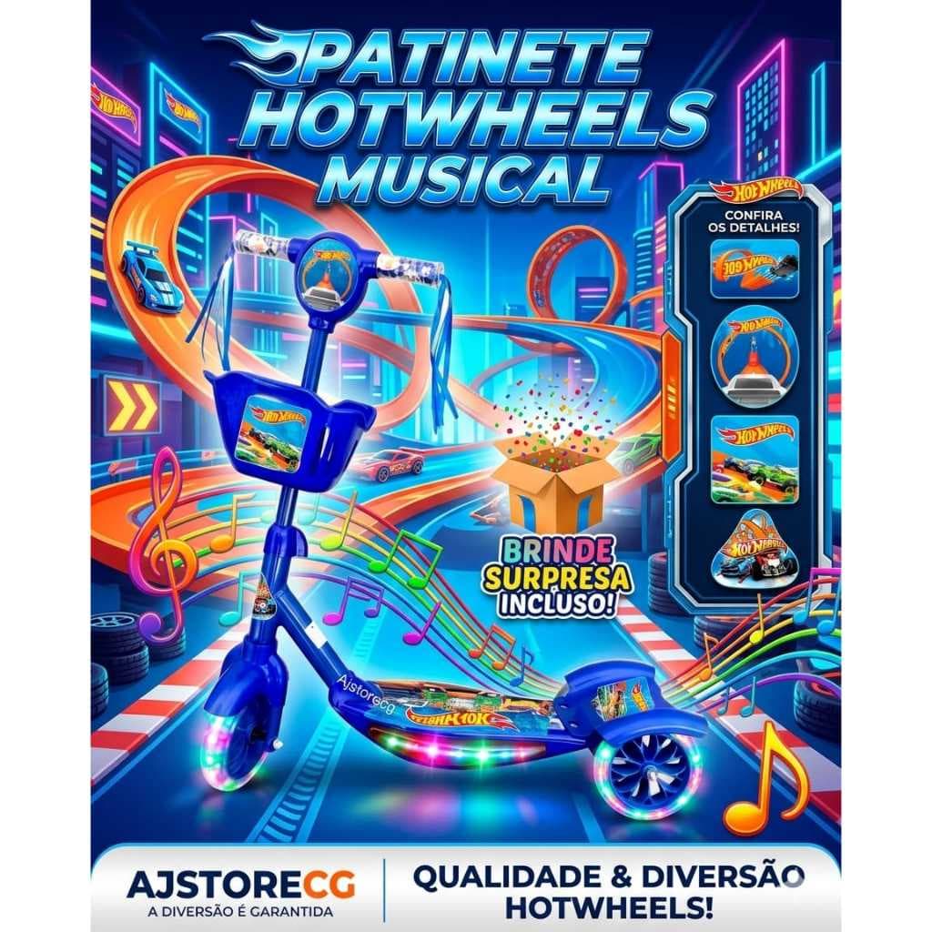 Patinete HOTWHEELS Azul Musical 3 Rodas + Surpresa + Envio para todo Brasil