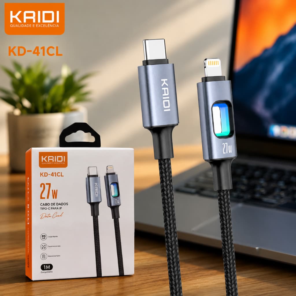 Cabo De Dados KaidiTipo-C / Lightning 27W Com Led KD-41CL SUPER RÁPIDO