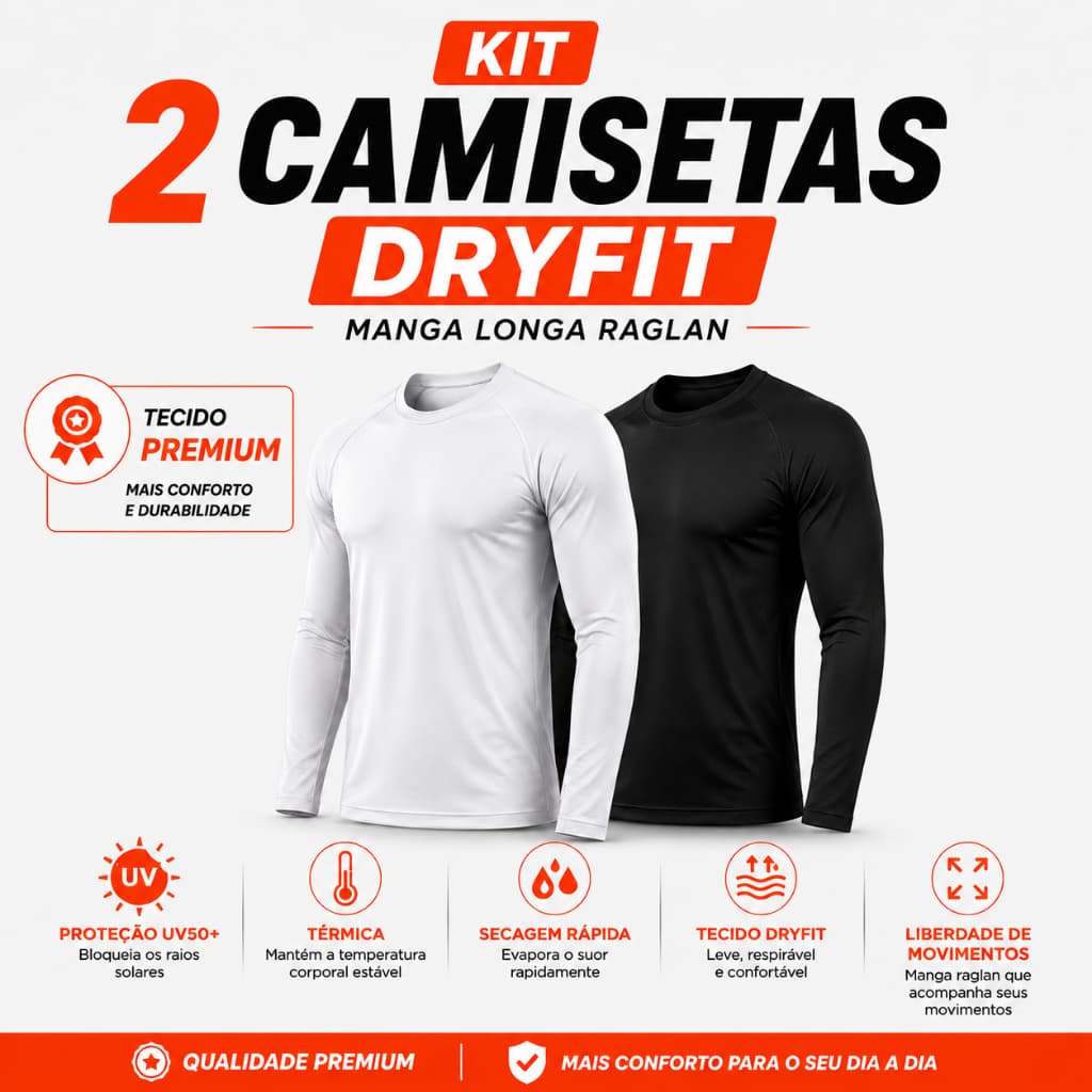 Kit 2 Camisetas Térmicas Dry Fit Premium Manga Longa Raglan UV50 Proteção Solar Segunda Pele | Academia Fitness Treino