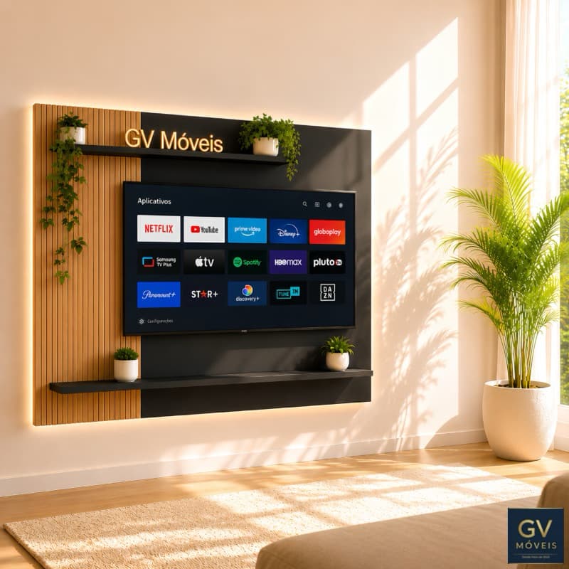 Painel de TV 50 Polegadas Menfis com Prateleiras , Visual Slim Moderno Ideal Sala ou Quarto