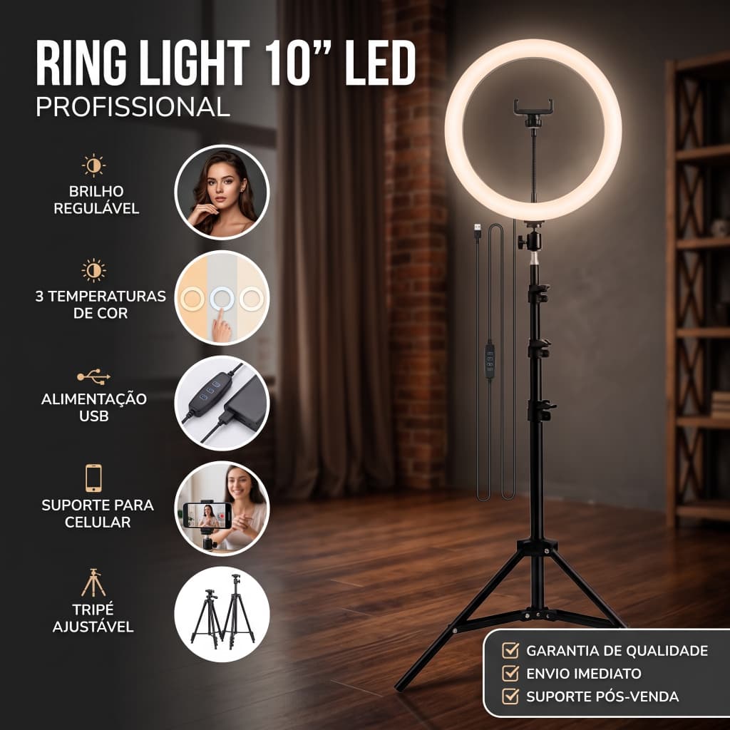 Ring Light 6/8/10 Polegadas com Tripé 2,10m – Iluminador Profissional para Celular e Live