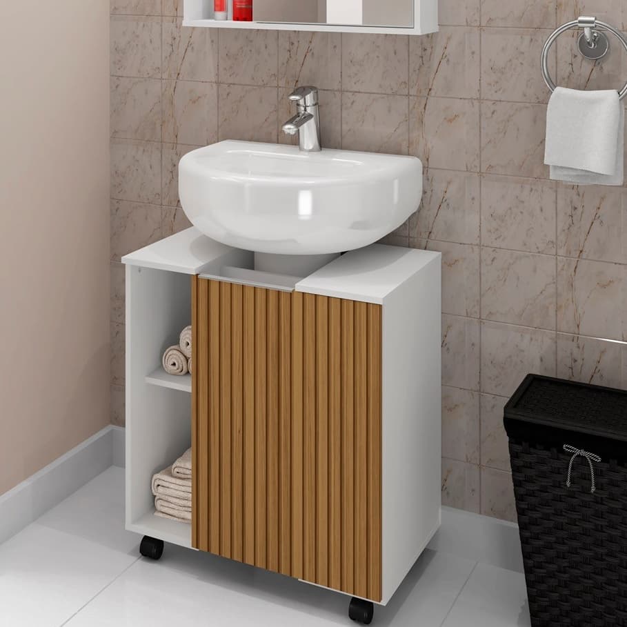 Conjunto Gabinete para Banheiro Pequin Branco Ripado com Cuba Suspenso e Nicho Organizador em MDF