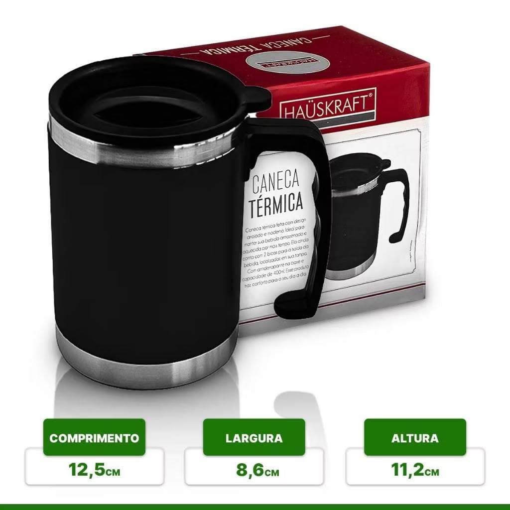 Caneca Térmica Inox 400ml com Tampa Haüskraft Café Chá Preto