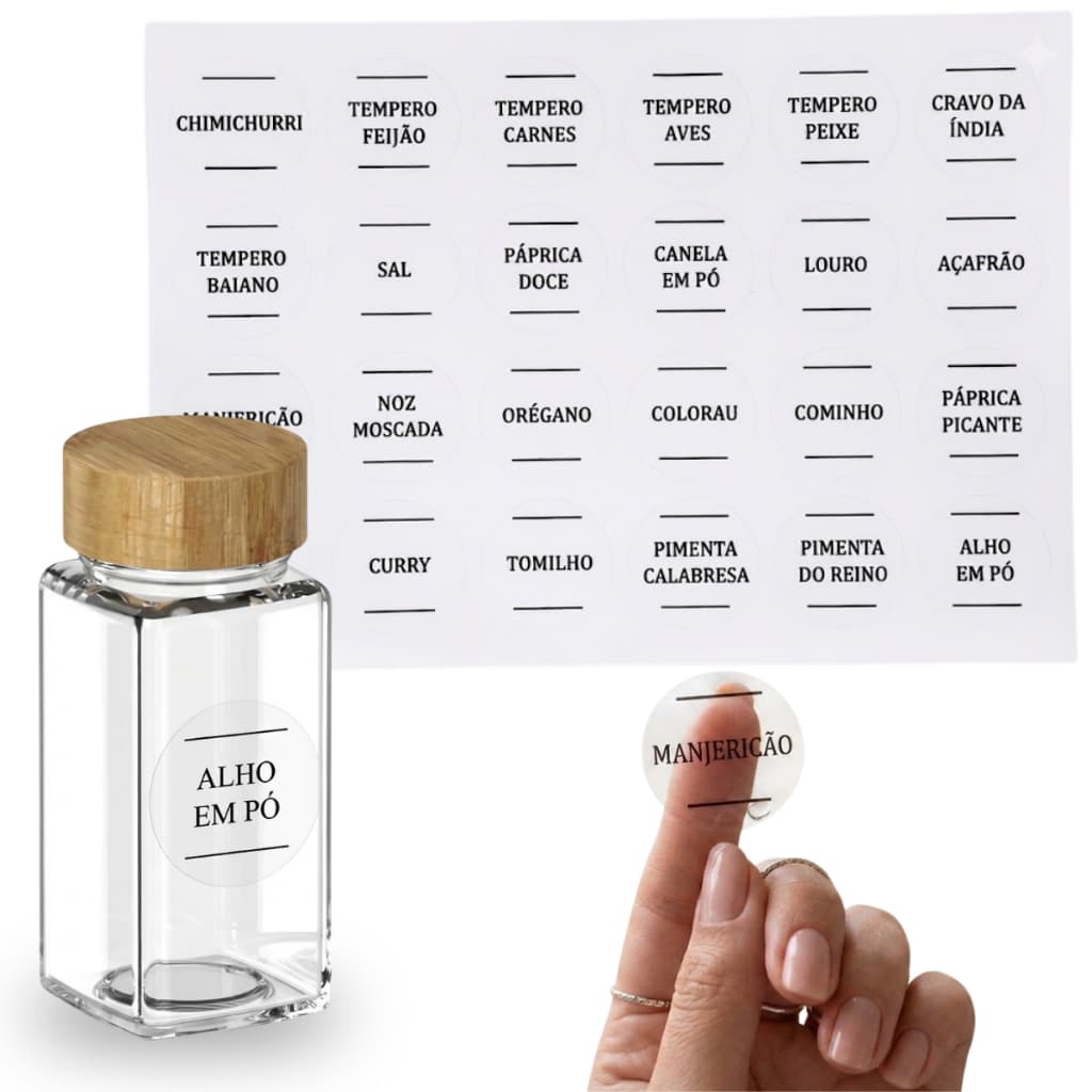24 Etiquetas Vinil Transparente para Pote Porta Tempero Condimentos Organizadores de Potes - Cartela de Adesivos 3x3cm
